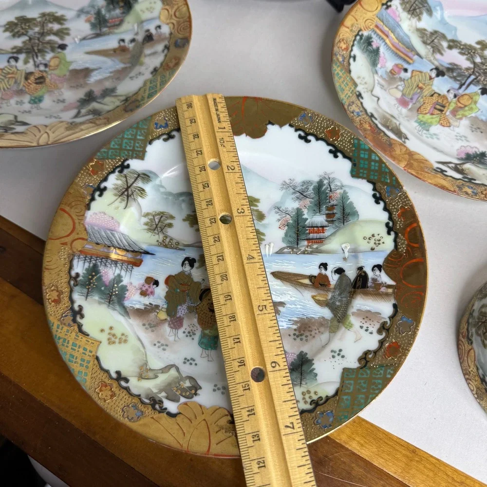 Vintage 5-Pc Kutani Japanese Eggshell Porcelain Teacup & Bread‎ Plates Gold Gilt